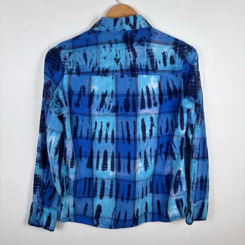 Y2K Justice‎ Girls Size 20 Blue Tie Dye Plaid Cotton Button Down Shirt Western